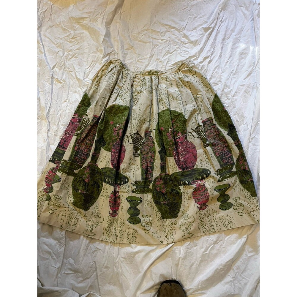 Vintage 1960’s MCM Cotton Skirt with Graphic Print Pottery Urns missing button L